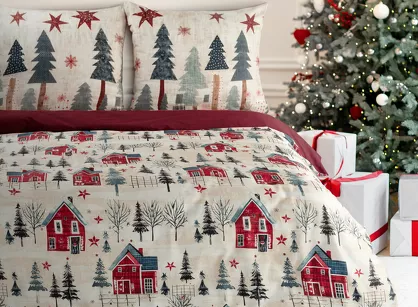 Pościel świąteczna 160x200 ASHER bordowo kremowa nadruk zimowej scenerii z satyny bawełnianej