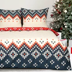 Pościel świąteczna 220x200 NORDIC beżowa granatowa wzór skandynawski z bawełny renforce