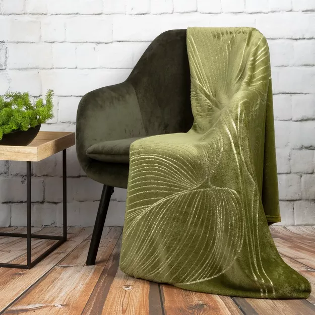 Koc 150x200 BLANCA 3 oliwkowy ze złotym nadrukiem kwiatów lilii