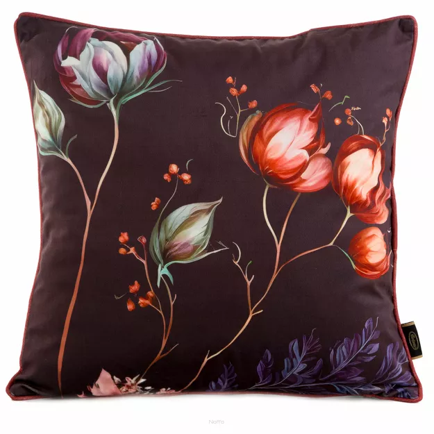 Poszewka welwetowa 45x45 VELVET 130 bordowa z designerskim wzorem kwiatowym obszyta lamówką