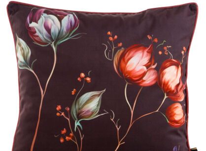 Poszewka welwetowa 45x45 VELVET 130 bordowa z designerskim wzorem kwiatowym obszyta lamówką