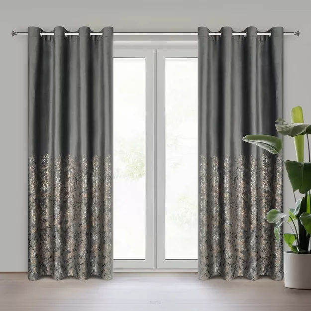 Zasłona na przelotkach 140x250 TORI welwetowa grafitowa z szampańskim wzorem gałązek