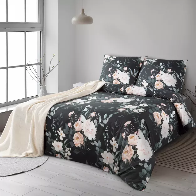 Pościel bawełniana 220x200 ROSITA 1 czarna szałwiowa z wzorem róż z kolekcji Classic