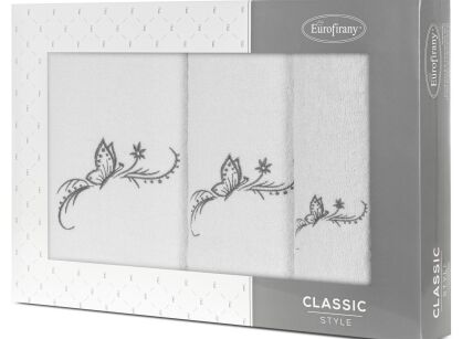 Komplet ręczników 3 szt. FAIRY białe z haftowanym grafitowym wzorem motyli w kartonowym pudełku