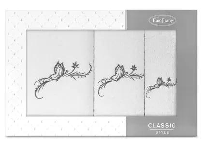 Komplet ręczników 3 szt. FAIRY białe z haftowanym grafitowym wzorem motyli w kartonowym pudełku