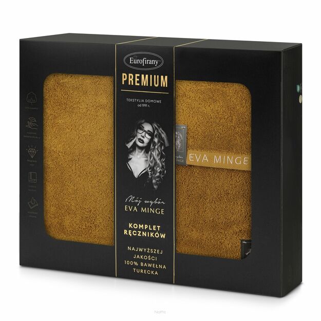 Komplet Ręczników VENUS Eva Minge miodowe zdobione bordiurą w kolorze ręcznika z napisami projektantki z kolekcji Premium 550 g/m2