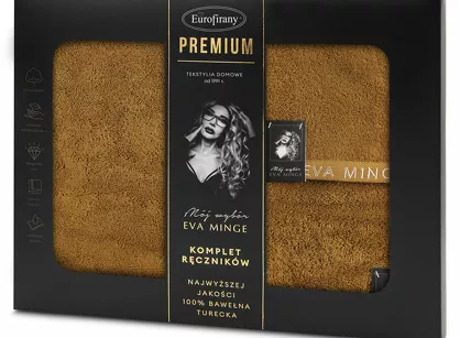 Komplet ręczników VENUS Eva Minge miodowe zdobione bordiurą w kolorze ręcznika z napisami projektantki z kolekcji Premium