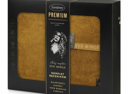 Komplet ręczników VENUS Eva Minge miodowe zdobione bordiurą w kolorze ręcznika z napisami projektantki z kolekcji Premium