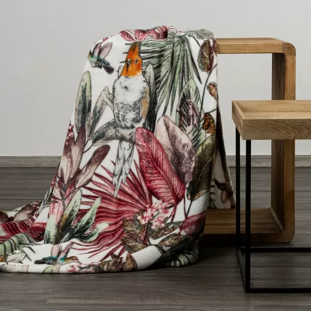Koc 150x200 PARROT zielony różowy z nadrukiem egzotycznych liści i papug Design 91