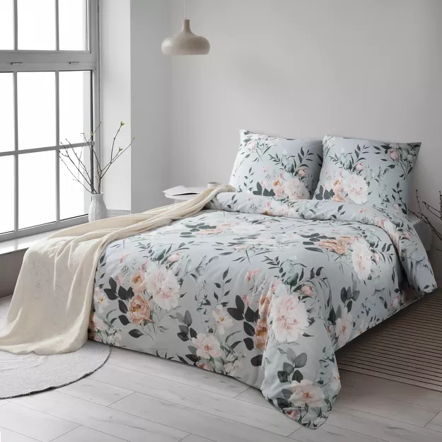 Pościel bawełniana 160x200 ROSITA szara stalowa z wzorem róż z kolekcji Classic