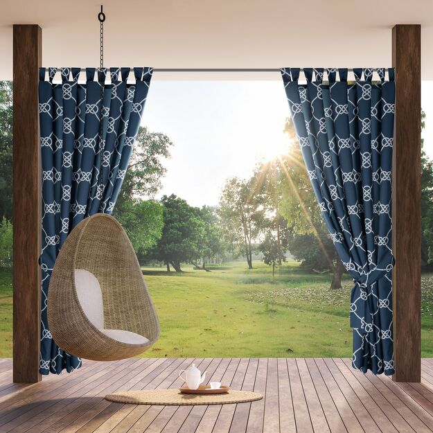 Zasłona na taras 155x220 GARDEN 14 granatowa biała na szelkach zapinanymi na rzepy wodoodporna styl morski