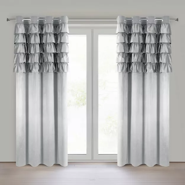 Zasłona na przelotkach 140x250 AURA welwetowa srebrna jednokolorowa zdobiona w górnej części falbanami