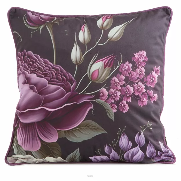 Poszewka welwetowa 45x45 VELVET 120 fioletowa z designerskim wzorem kwiatów obszyta lamówką