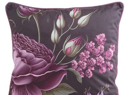 Poszewka welwetowa 45x45 VELVET 120 fioletowa z designerskim wzorem kwiatów obszyta lamówką