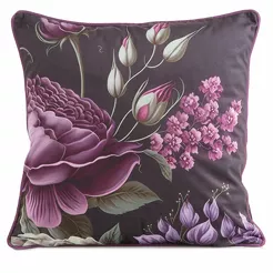 Poszewka welwetowa 45x45 VELVET 120 fioletowa z designerskim wzorem kwiatów obszyta lamówką