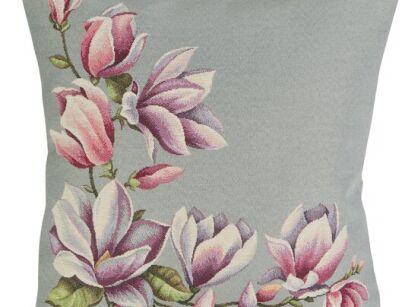 Poszewka gobelinowa 45x45 1214 popielata z wzorem różowych kwiatów magnolii