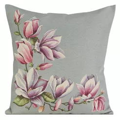 Poszewka gobelinowa 45x45 1214 popielata z wzorem różowych kwiatów magnolii