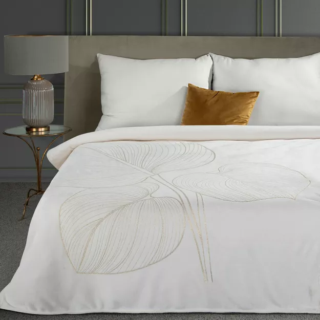 Koc 150x200 BLANCA 4 biały ze złotym nadrukiem dużych kwiatów lilii Limited Collection
