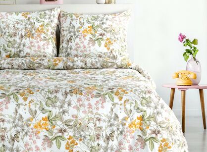 Pościel bawełniana 160x200 VENUS biała z oliwkowym wzorem roślinnym z kolekcji Harmony Home