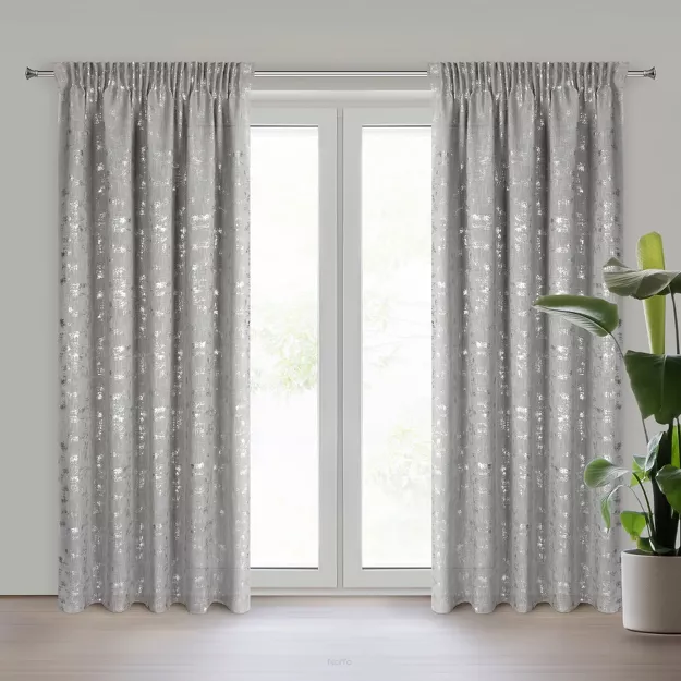 Zasłona na taśmie 140x270 INES srebrna w stylu eko z dodatkiem lnu z przecieranym delikatnym nadrukiem