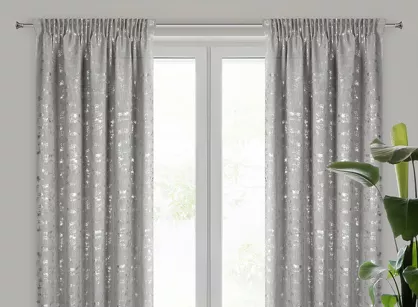 Zasłona na taśmie 140x270 INES srebrna w stylu eko z dodatkiem lnu z przecieranym delikatnym nadrukiem