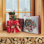 Poszewka świąteczna 45x45 XMAS 2 gobelinowa naturalna z czerwoną obwódką - 2