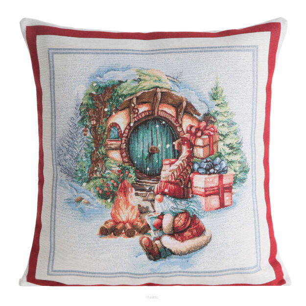 Poszewka świąteczna 45x45 XMAS 2 gobelinowa naturalna z czerwoną obwódką