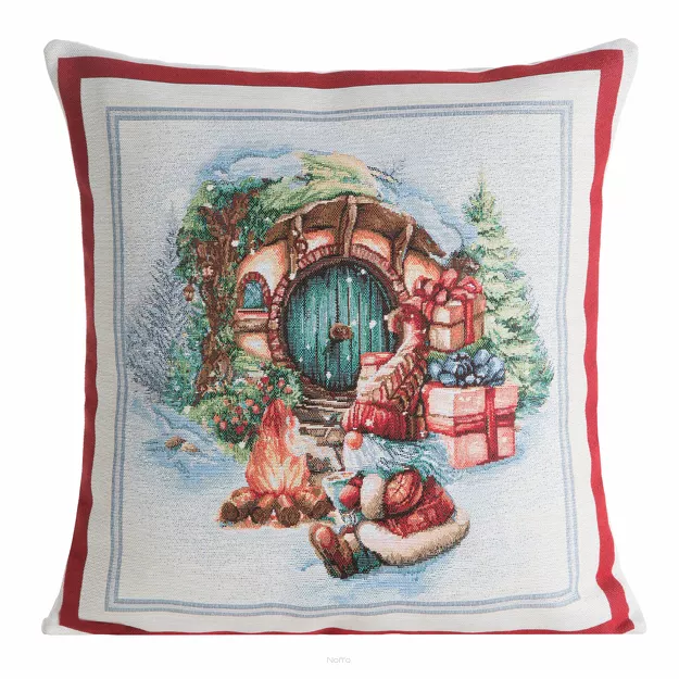 Poszewka świąteczna 45x45 XMAS 2 gobelinowa naturalna z czerwoną obwódką