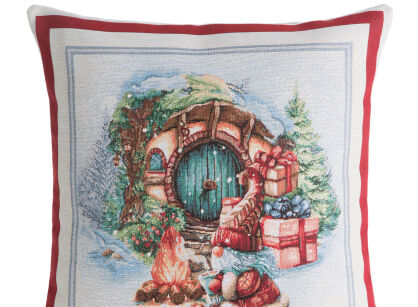 Poszewka świąteczna 45x45 XMAS 2 gobelinowa naturalna z czerwoną obwódką