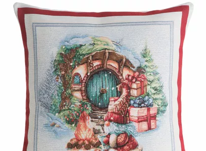 Poszewka świąteczna 45x45 XMAS 2 gobelinowa naturalna z czerwoną obwódką