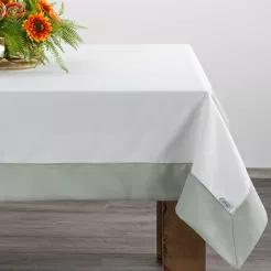 Obrus elegancki 145x300 SYLVIA naturalny oliwkowy zdobiony beżową lamówką
