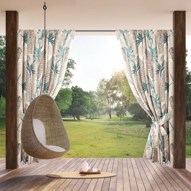 Zasłona na taras 155x200 GARDEN 8 w tunelu miętowa wodoodporna z beżowym wzorem liścia bananowca