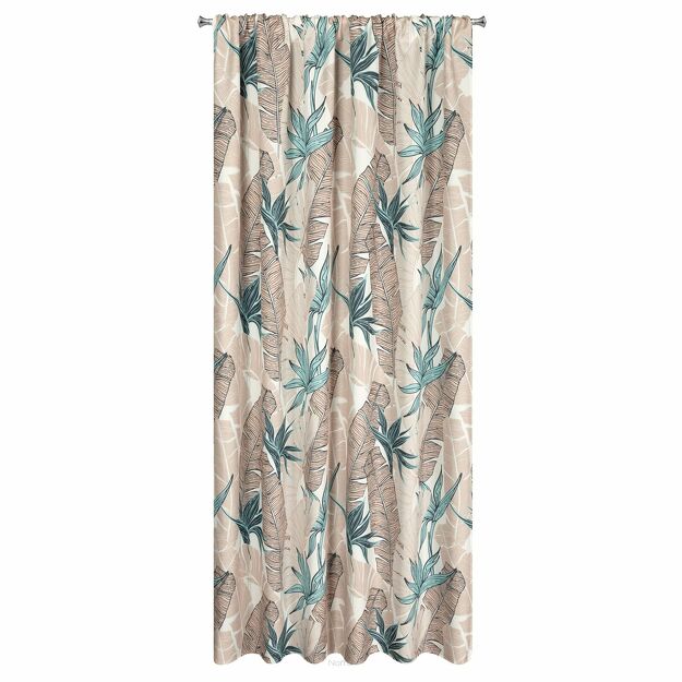 Zasłona na taras 155x200 GARDEN 8 w tunelu miętowa wodoodporna z beżowym wzorem liścia bananowca