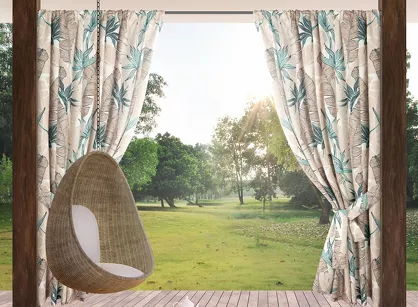 Zasłona na taras 155x200 GARDEN 8 w tunelu miętowa wodoodporna z beżowym wzorem liścia bananowca