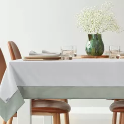 Obrus elegancki 145x280 SYLVIA naturalny oliwkowy zdobiony beżową lamówką