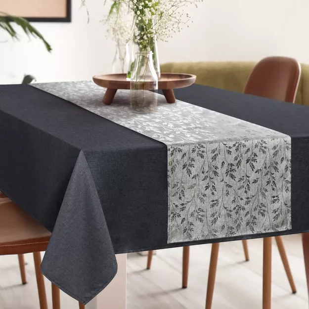 Obrus 140x260 z bieżnikiem 33x260 ANITA 6 stalowy z wzorem delikatnych listków