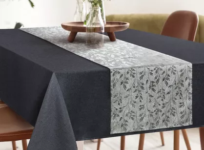 Obrus 140x260 z bieżnikiem 33x260 ANITA 6 stalowy z wzorem delikatnych listków