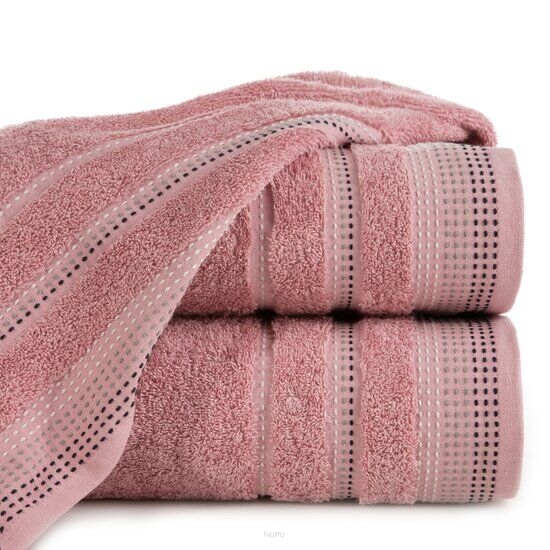 Ręcznik bawełniany 70x140 POLA pudrowy z kolorową bordiurą zakończoną stebnowaniem