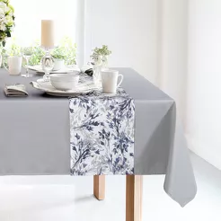 Obrus 140x220 z bieżnikiem 33x220 ANITA 3 jasny szary z kontrastowym wzorem botanicznym