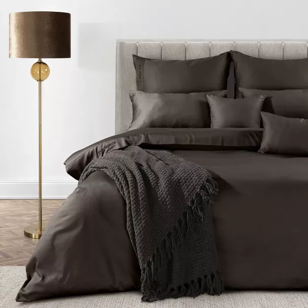 Pościel z makosatyny 160x200 ELEGANT 1G Eva Minge brązowa z ozdobną kantą i haftem