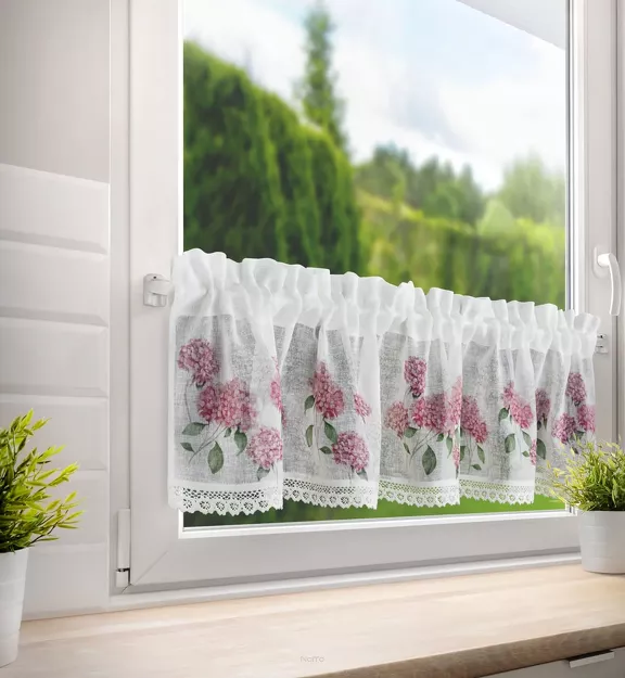 Zazdrostka gotowa w tunelu 150x30 MONA biała z etaminy z wzorem różowych kwiatów i bawełnianą koronką