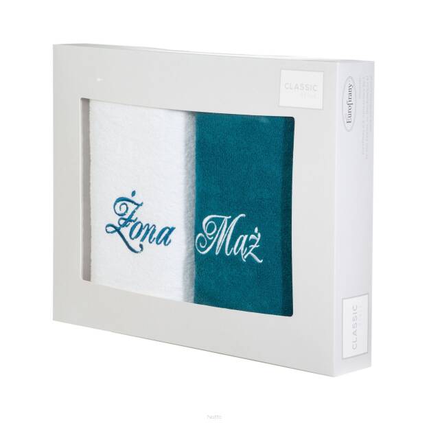 Komplet ręczników 2x70x140 MĄŻ ŻONA białe ciemny turkus haftowane w kartonowym pudełku