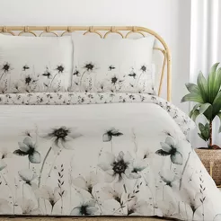 Pościel z satyny 220x200 PREMIUM 22 biała z wzorem szarobeżowych kwiatów z kolekcji Premium