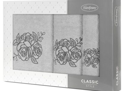 Komplet ręczników 3 szt. ROSALIA srebrne z haftowanym grafitowym wzorem różyczek w kartonowym pudełku