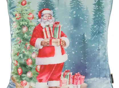 Poszewka świąteczna 45x45 130 welwetowa zielona z Mikołajem i choinką i obszyta lamówką