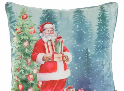 Poszewka świąteczna 45x45 130 welwetowa zielona z Mikołajem i choinką i obszyta lamówką