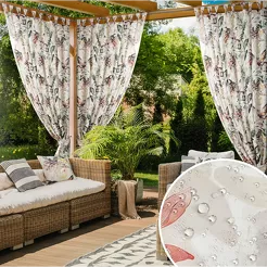 Zasłona na taras 155x200 GARDEN 2 w tunelu biała z stalowym wzorem kwiatowym wodoodporna