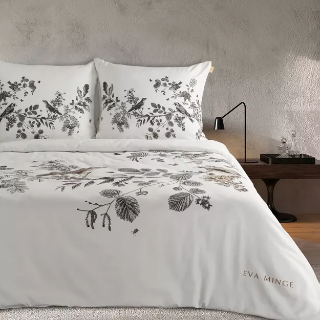 Pościel z makosatyny 160x200 DORIS Eva Minge biała brązowa wzór roślinny Premium