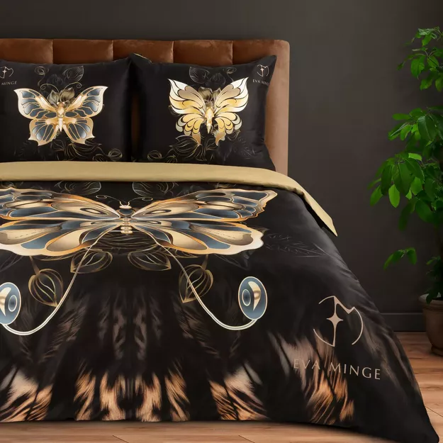 Pościel z makosatyny 160x200 MINGE 7 Eva Minge czarna z nadrukiem motyla Premium