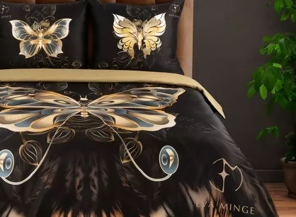 Pościel z makosatyny 160x200 MINGE 7 Eva Minge czarna z nadrukiem motyla Premium